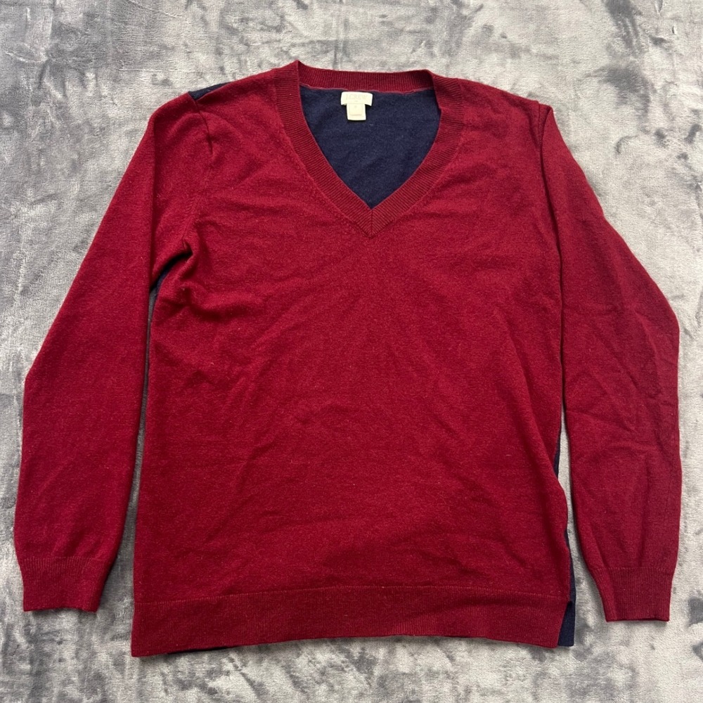 J.Crew V-Neck Sweater Womens Medium Red‎ Navy Colorblock Merino Wool Blend